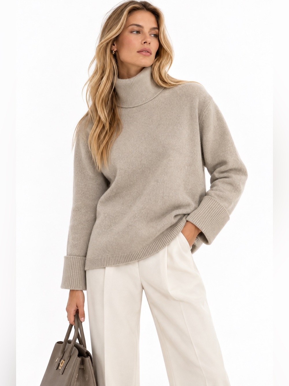 Magaschoni 100% Cashmere Turtleneck Sweater M Beige Quiet Luxury